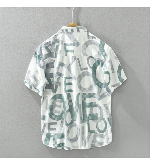 Men's Casual Cotton Printed 3-4th Sleeve Collar Shirt (White )