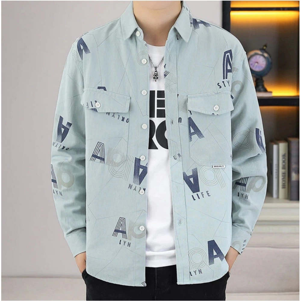Men's Casual Cotton Printed Full Sleeve Collar Shirt (Grey)