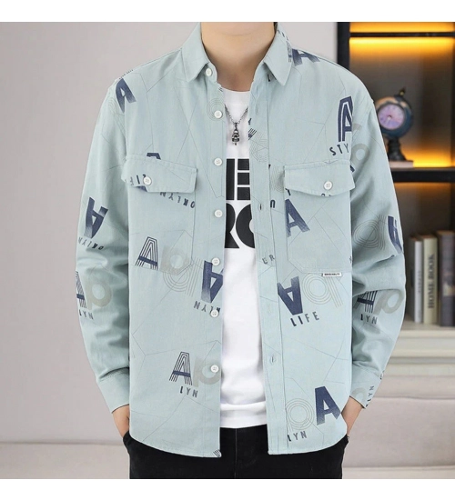 Men's Casual Cotton Printed Full Sleeve Collar Shirt (Grey)