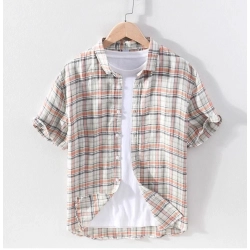 Men's Casual Cotton Checked 3-4th Sleeve Collar Shirt (Orange)