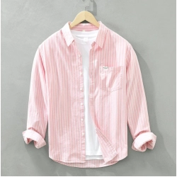 Men's Casual Cotton Striped Full Sleeve Collar Shirt (Pink)
