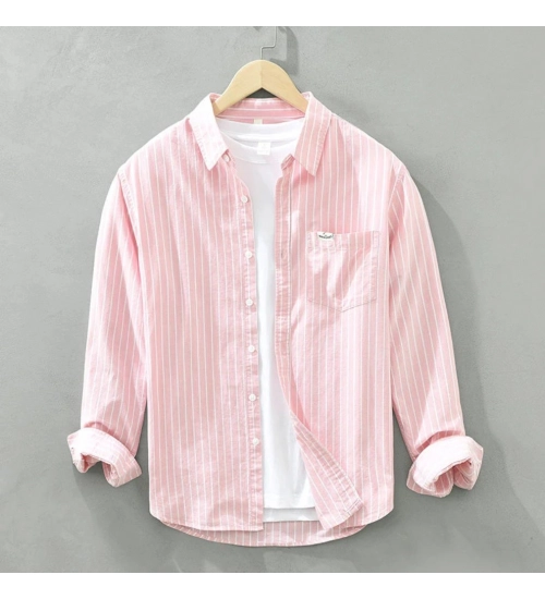Men's Casual Cotton Striped Full Sleeve Collar Shirt (Pink)
