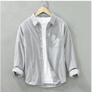 Generic Men's Casual Cotton Striped Full Sleeve Collar Shirt (Grey)