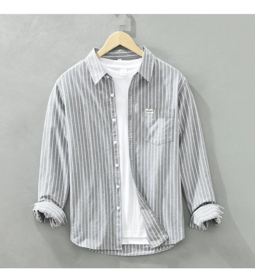 Men's Casual Cotton Striped Full Sleeve Collar Shirt (Grey)