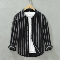 Men's Casual Cotton Striped Full Sleeve Collar Shirt (Black)