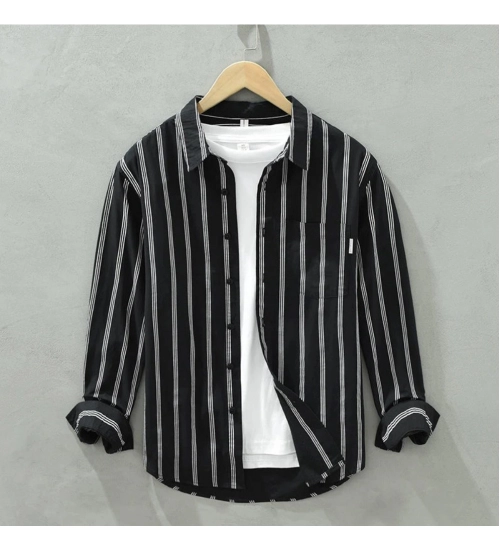 Men's Casual Cotton Striped Full Sleeve Collar Shirt (Black)