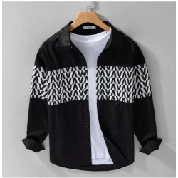 Men's Casual Cotton Printed Full Sleeve Collar Shirt (Black)