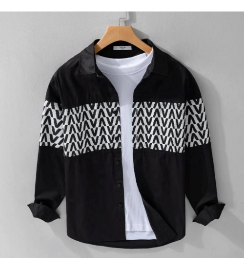 Men's Casual Cotton Printed Full Sleeve Collar Shirt (Black)