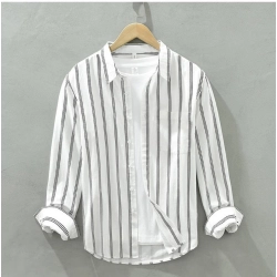 Men's Casual Cotton Striped Full Sleeve Collar Shirt (White)