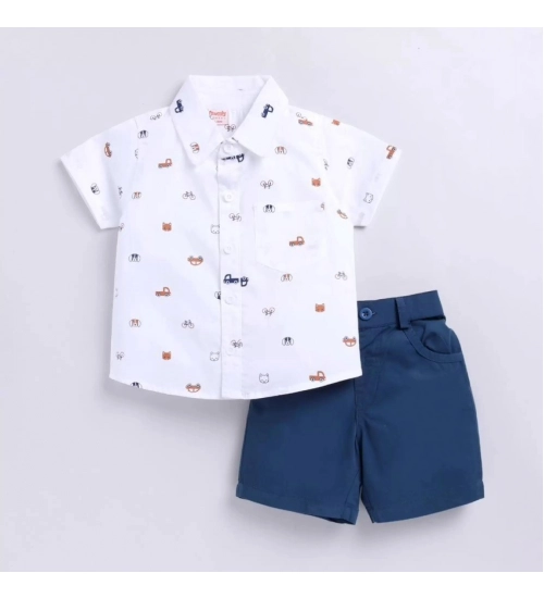 Boy's Cotton Blend Printed Short Sleeve Shirt and Shorts Set (White)