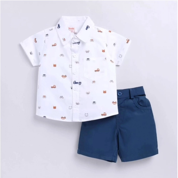 Dropship Boy's Cotton Blend Printed Short Sleeve Shirt and Shorts Set (White)