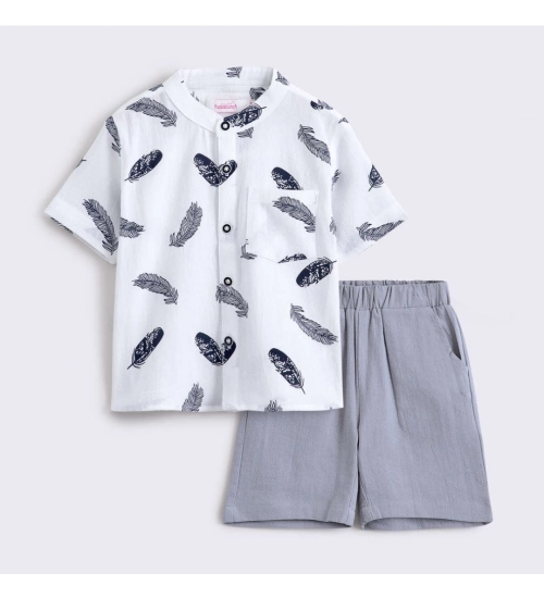 Boy's Cotton Blend Printed Short Sleeve Shirt and Shorts Set (White)