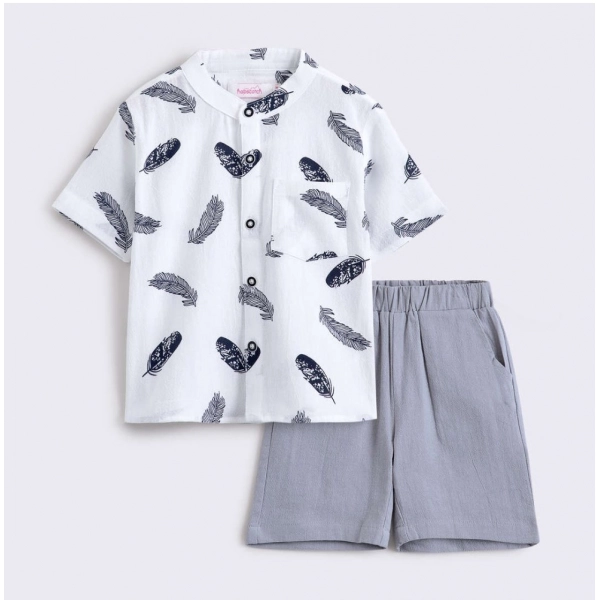 Dropship Boy's Cotton Blend Printed Short Sleeve Shirt and Shorts Set (White)