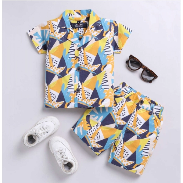 Dropship Boy's Lycra Blend Printed Short Sleeve Shirt and Shorts Set (MultiColor)