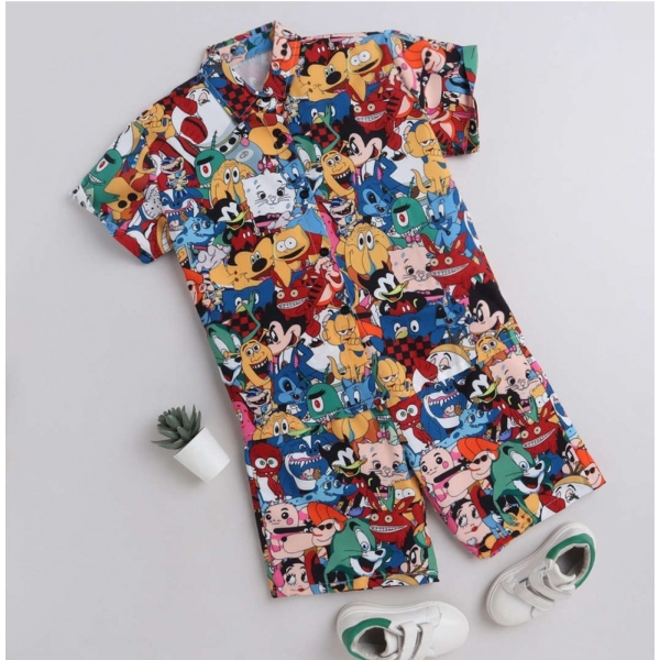 Dropship Boy's Lycra Blend Printed Short Sleeve Shirt and Shorts Set (MultiColor)