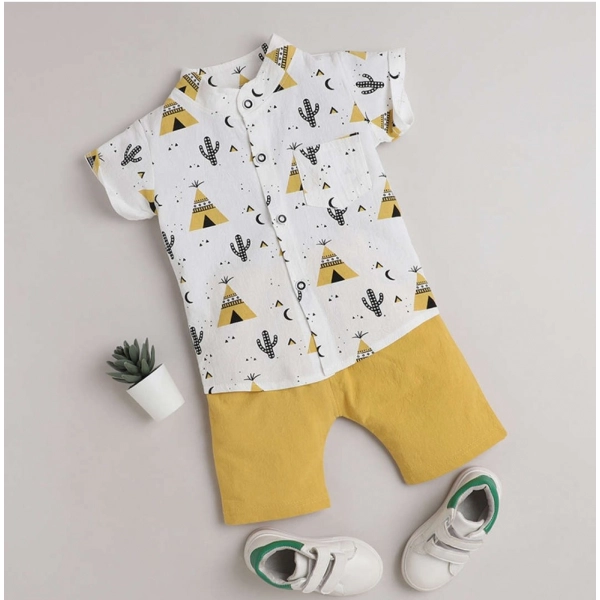 Dropship Boy's Cotton Blend Printed Short Sleeve Shirt and Shorts Set (White)