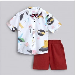 Boy's Cotton Blend Printed Short Sleeve Shirt and Shorts Set (White)