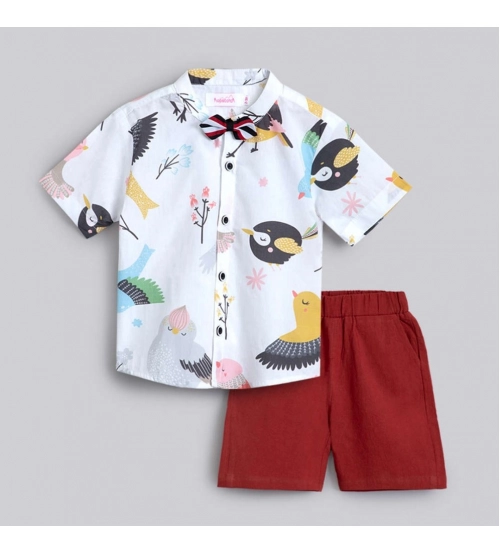 Boy's Cotton Blend Printed Short Sleeve Shirt and Shorts Set (White)