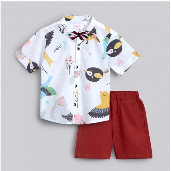 Dropship Boy's Cotton Blend Printed Short Sleeve Shirt and Shorts Set (White)