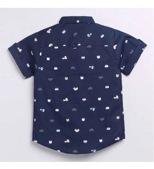 Boy's Cotton Blend Printed Short Sleeve Shirt (Navy Blue)
