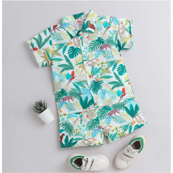 Dropship Boy's Lycra Blend Printed Short Sleeve Shirt and Shorts Set (MultiColor)