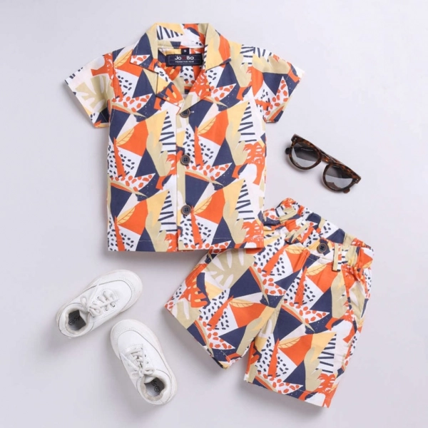 Dropship Boy's Lycra Blend Printed Short Sleeve Shirt and Shorts Set (MultiColor)