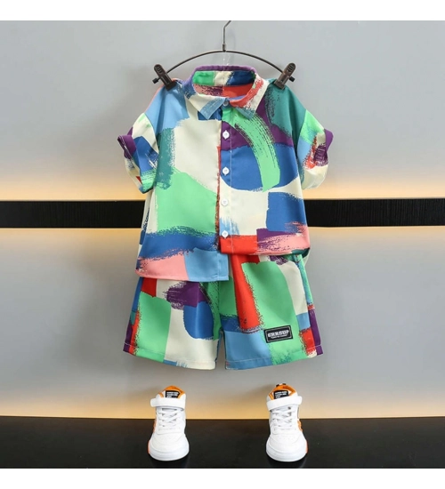 Boy's Lycra Blend Printed Short Sleeve Shirt and Shorts Set (MultiColor)