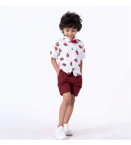 Boy's Cotton Blend Printed Short Sleeve Shirt and Shorts Set (White)