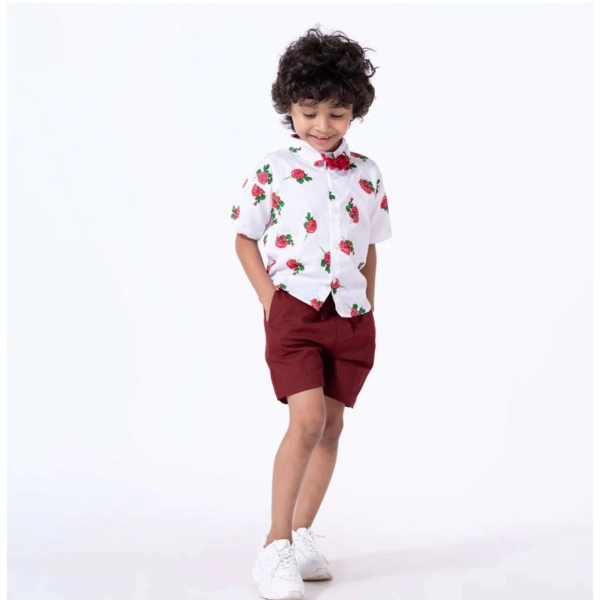 Dropship Boy's Cotton Blend Printed Short Sleeve Shirt and Shorts Set (White)
