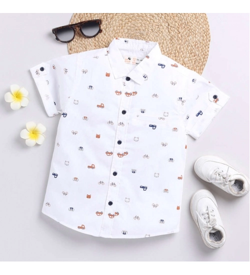 Boy's Cotton Blend Printed Short Sleeve Shirt (White)