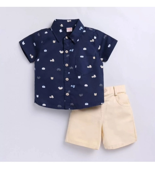 Boy's Cotton Blend Printed Short Sleeve Shirt and Shorts Set (Navy Blue)