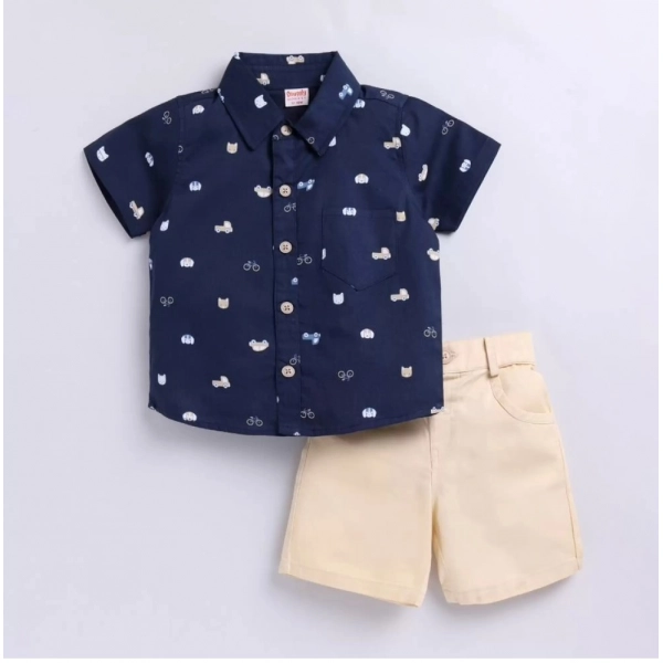 Dropship Boy's Cotton Blend Printed Short Sleeve Shirt and Shorts Set (Navy Blue)