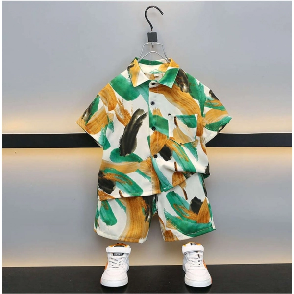 Dropship Boy's Lycra Blend Printed Short Sleeve Shirt and Shorts Set (MultiColor)