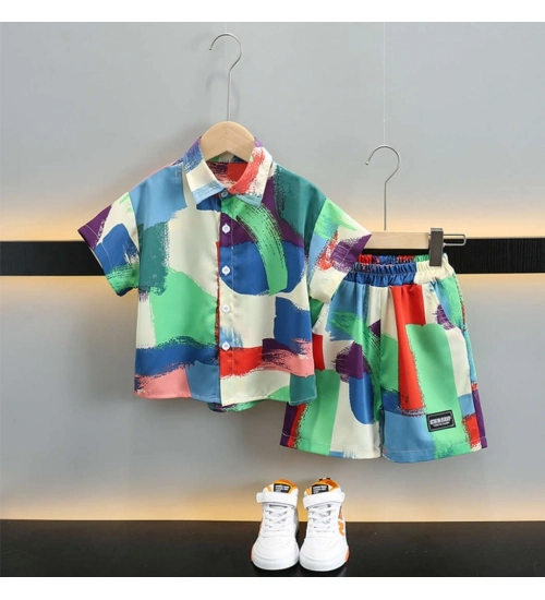 Boy's Lycra Blend Printed Short Sleeve Shirt and Shorts Set (MultiColor)