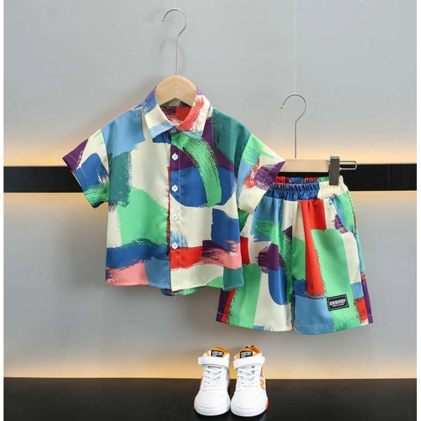 Dropship Boy's Lycra Blend Printed Short Sleeve Shirt and Shorts Set (MultiColor)