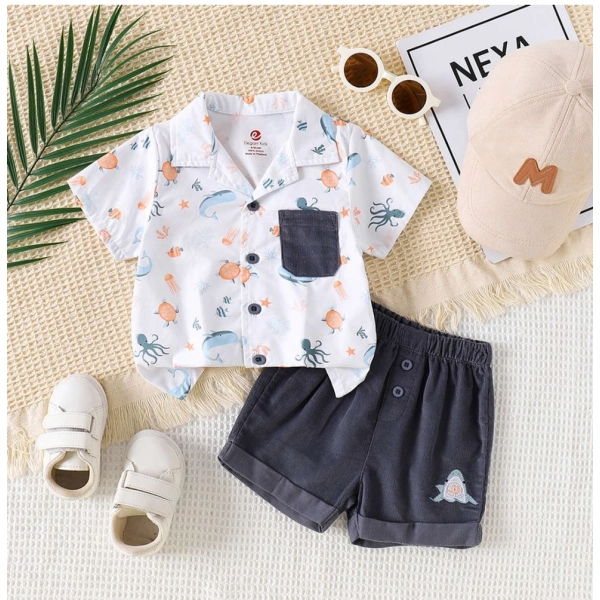 Dropship Boy's Lycra Blend Printed Short Sleeve Shirt and Shorts Set (MultiColor)