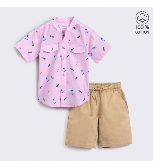Boy's Cotton Blend Printed Short Sleeve Shirt and Shorts Set (Pink)
