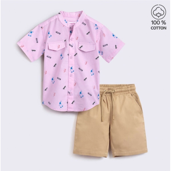 Dropship Boy's Cotton Blend Printed Short Sleeve Shirt and Shorts Set (Pink)