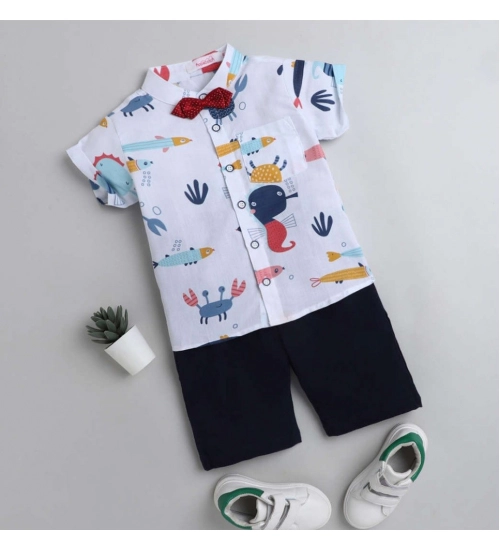 Boy's Cotton Blend Printed Short Sleeve Shirt and Shorts Set (White)