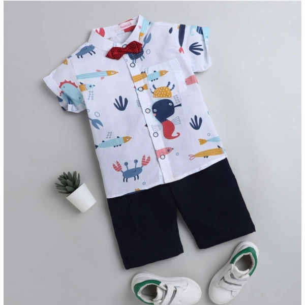 Dropship Boy's Cotton Blend Printed Short Sleeve Shirt and Shorts Set (White)