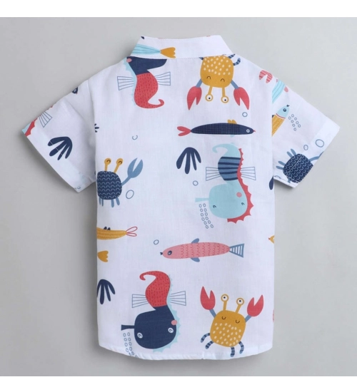 Boy's Cotton Blend Printed Short Sleeve Shirt and Shorts Set (White)