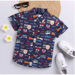 Boy's Cotton Blend Printed Short Sleeve Shirt (Navy Blue)