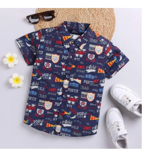 Boy's Cotton Blend Printed Short Sleeve Shirt (Navy Blue)