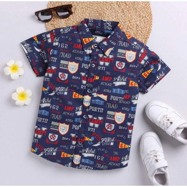 Dropship Boy's Cotton Blend Printed Short Sleeve Shirt (Navy Blue)