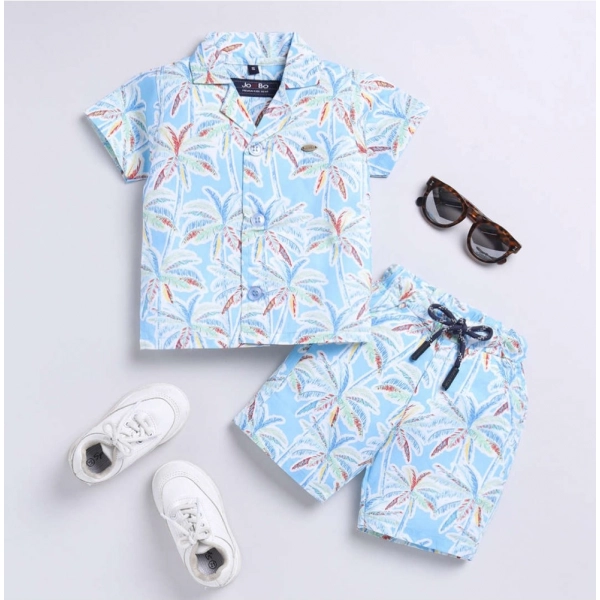 Dropship Boy's Lycra Blend Printed Short Sleeve Shirt and Shorts Set (MultiColor)