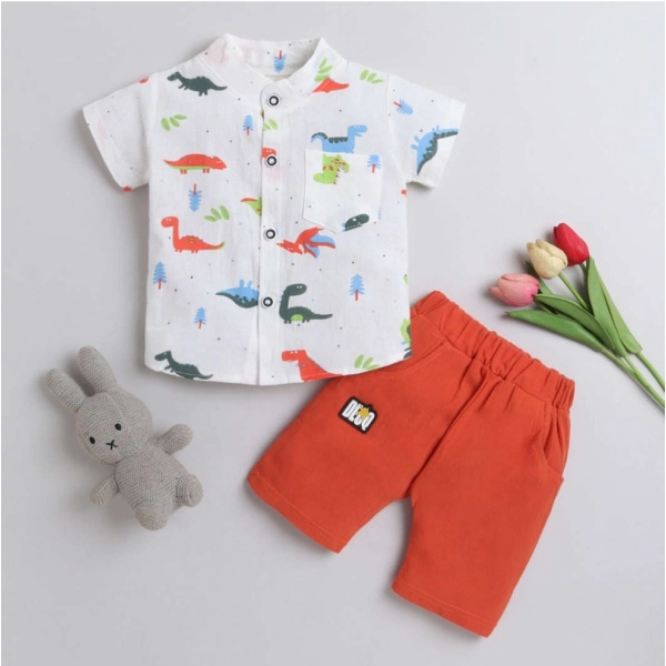 Dropship Boy's Cotton Blend Printed Short Sleeve Shirt and Shorts Set (MultiColor)
