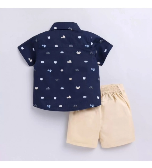 Boy's Cotton Blend Printed Short Sleeve Shirt and Shorts Set (Navy Blue)