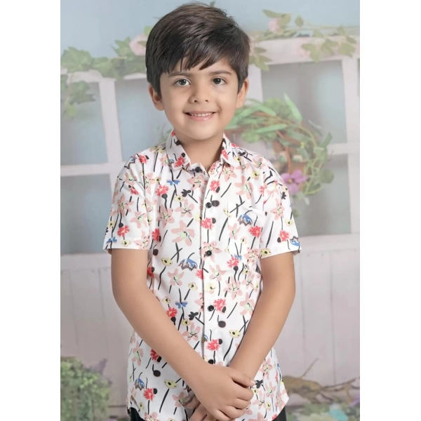 Dropship Boy's Cotton Blend Printed Short Sleeve Shirt and Shorts Set (White)
