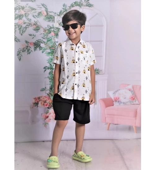 Boy's Cotton Blend Printed Short Sleeve Shirt and Shorts Set (White)