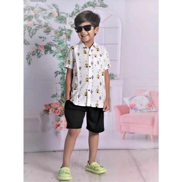 Dropship Boy's Cotton Blend Printed Short Sleeve Shirt and Shorts Set (White)